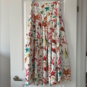 Commense Size L Seashell Starfish Printed Pleated Full Maxi Skirt